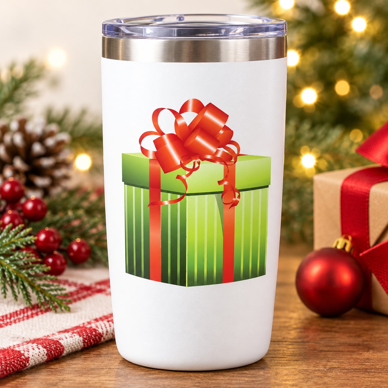 Green gift box die-cut decal with red bow on white backing