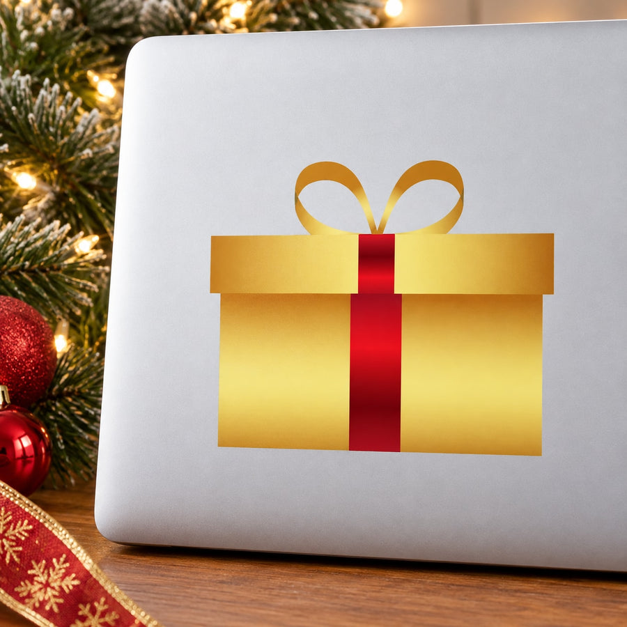 Gold gift present printed die-cut decal with gold bow and red center ribbon