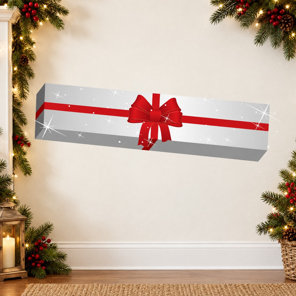Long white gift box sticker with red ribbon and bow