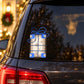 Blue present gift die-cut decal with bow and stacked box design