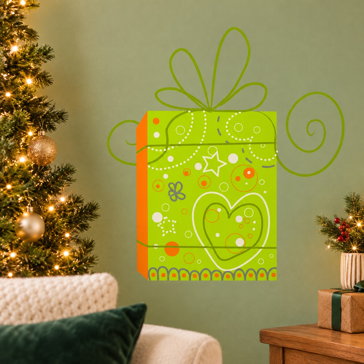 Green present-shaped die-cut decal with heart, star, and swirl pattern
