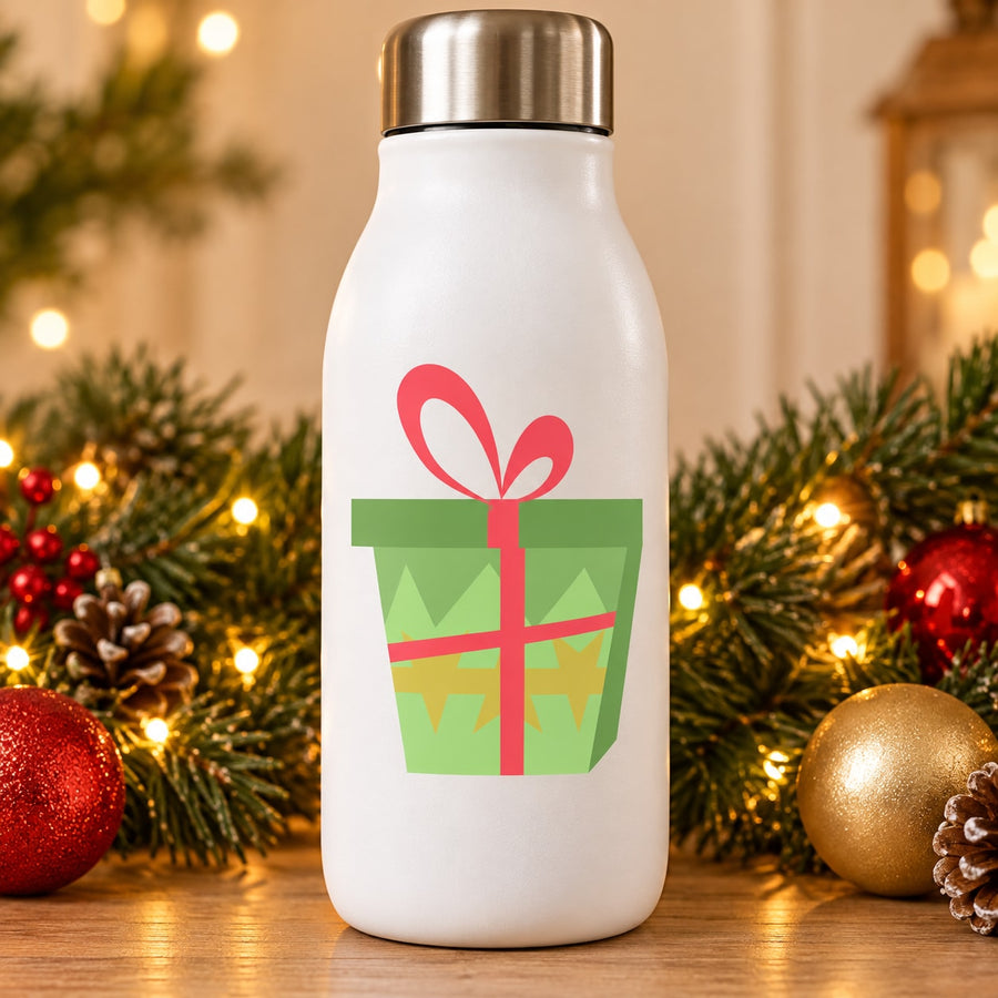 Holiday gift decal: green wrapped present with red bow and ribbon on white bottle