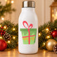 Holiday gift decal: green wrapped present with red bow and ribbon on white bottle