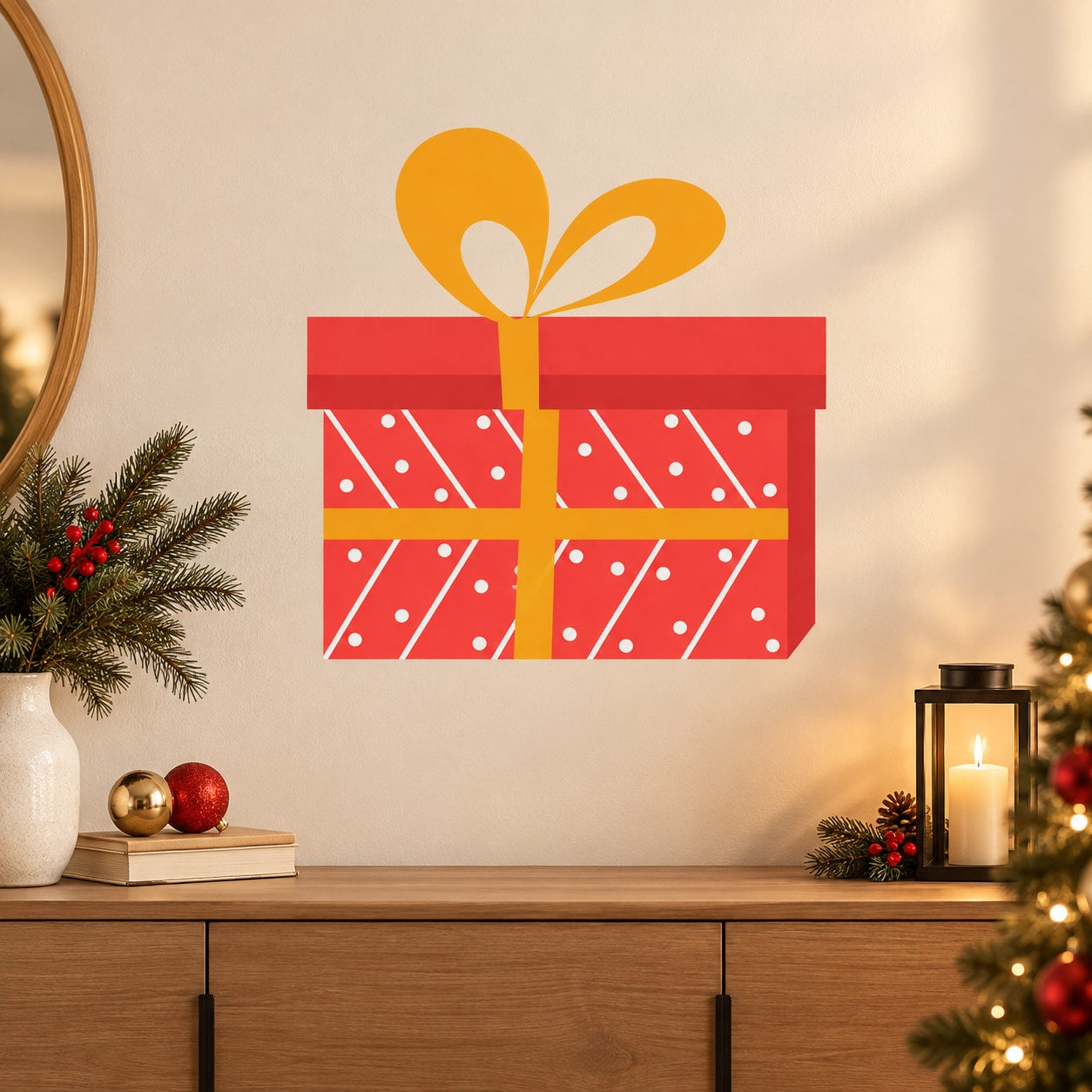 Red stylized present die-cut decal with orange bow and cross ribbon