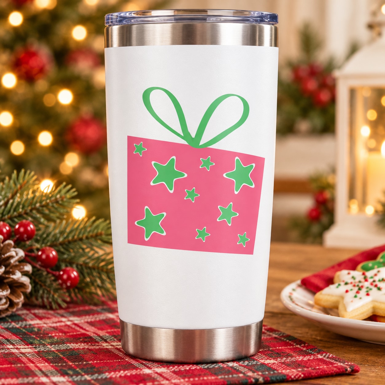 Pink present with green star die-cut decal on a white tumbler