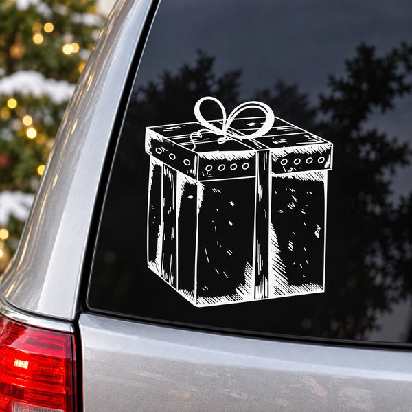 Gift present decal: white outline box with bow ribbon on dark surface