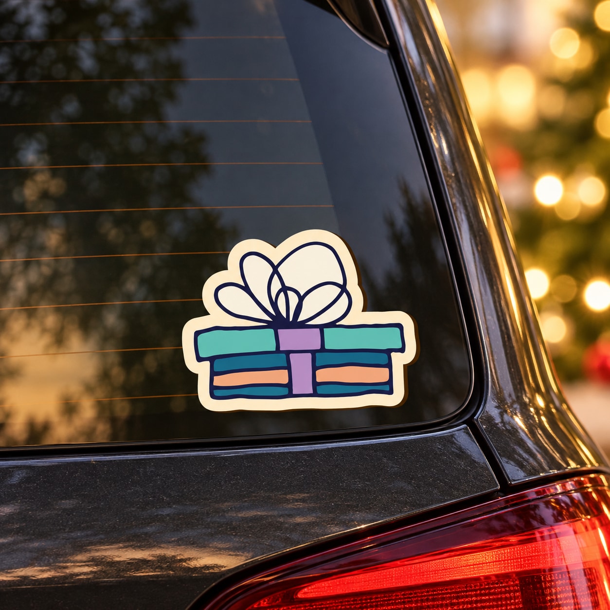 Blue and white present gift sticker with ribbon bow on a car window