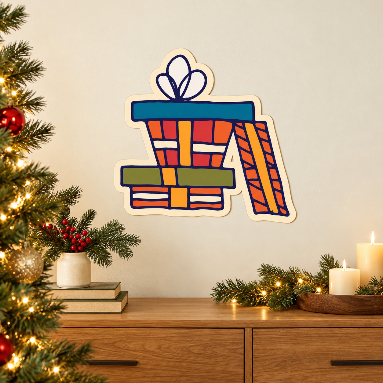 Colorful gift box presents sticker with blue orange ribbon and bow