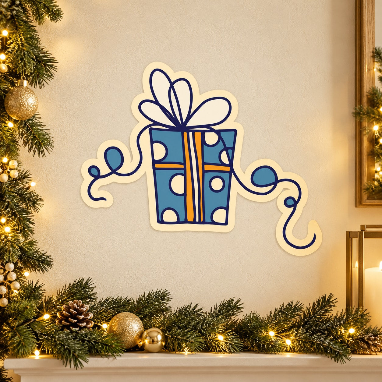 Blue gift box sticker with ribbon and polka-dot pattern, on white backing