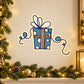 Blue gift box sticker with ribbon and polka-dot pattern, on white backing
