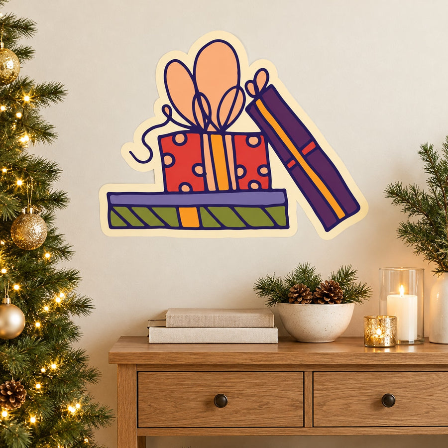 Colorful cartoon gift stack sticker with ribbon and bow details