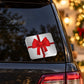 Rectangular gift sticker with white background and large red bow