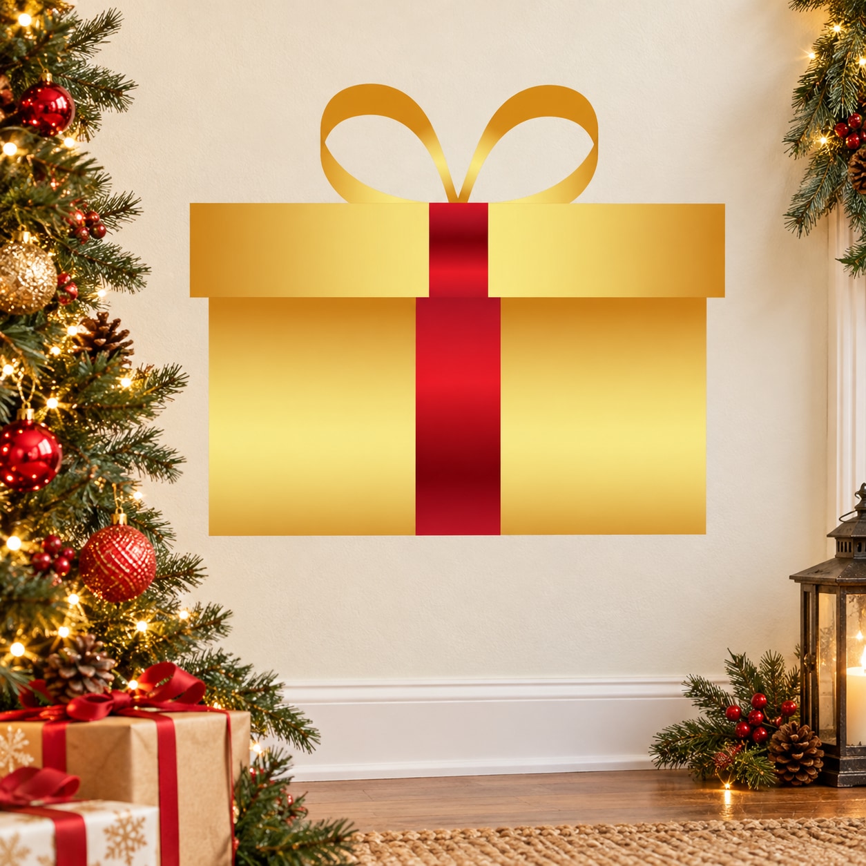 Golden Christmas present sticker with large bow and red ribbon