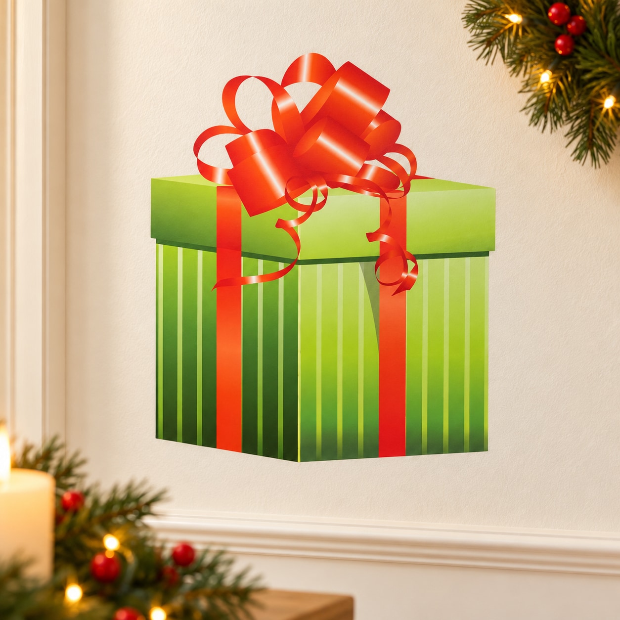 Green striped gift box sticker with red ribbon bow and curled loops