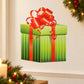 Green striped gift box sticker with red ribbon bow and curled loops