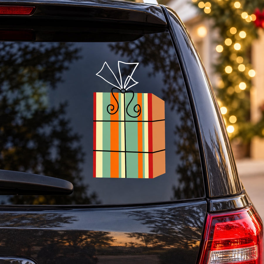 Colorful Christmas gift sticker with ribbon bow on car window