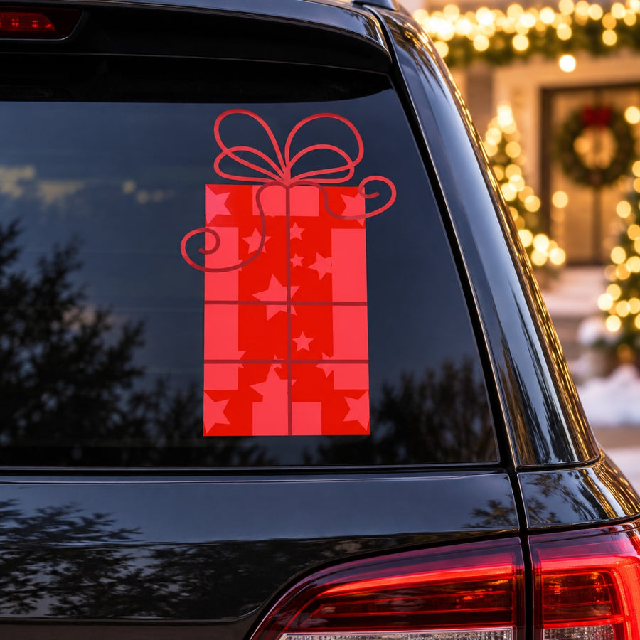 Red gift present sticker with star and ribbon design for Christmas