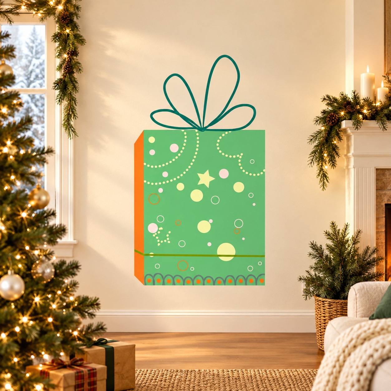 Green holiday gift sticker with star and dot motif on a gift bag