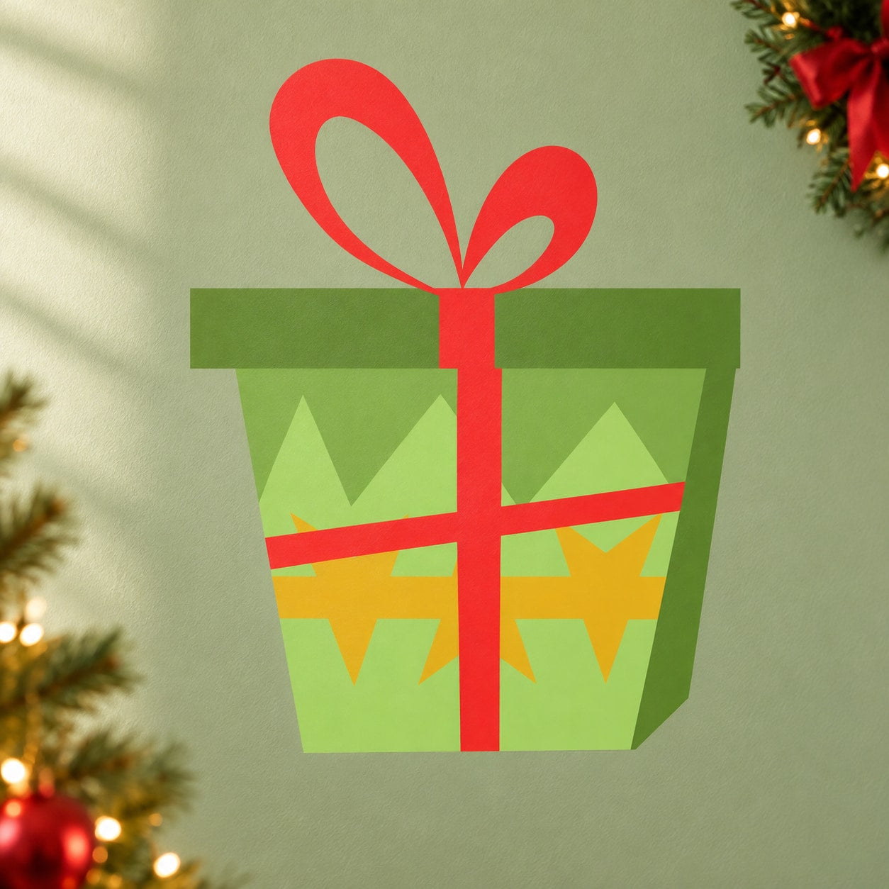 Christmas cartoon present sticker with green gift box, red ribbon, and star accents