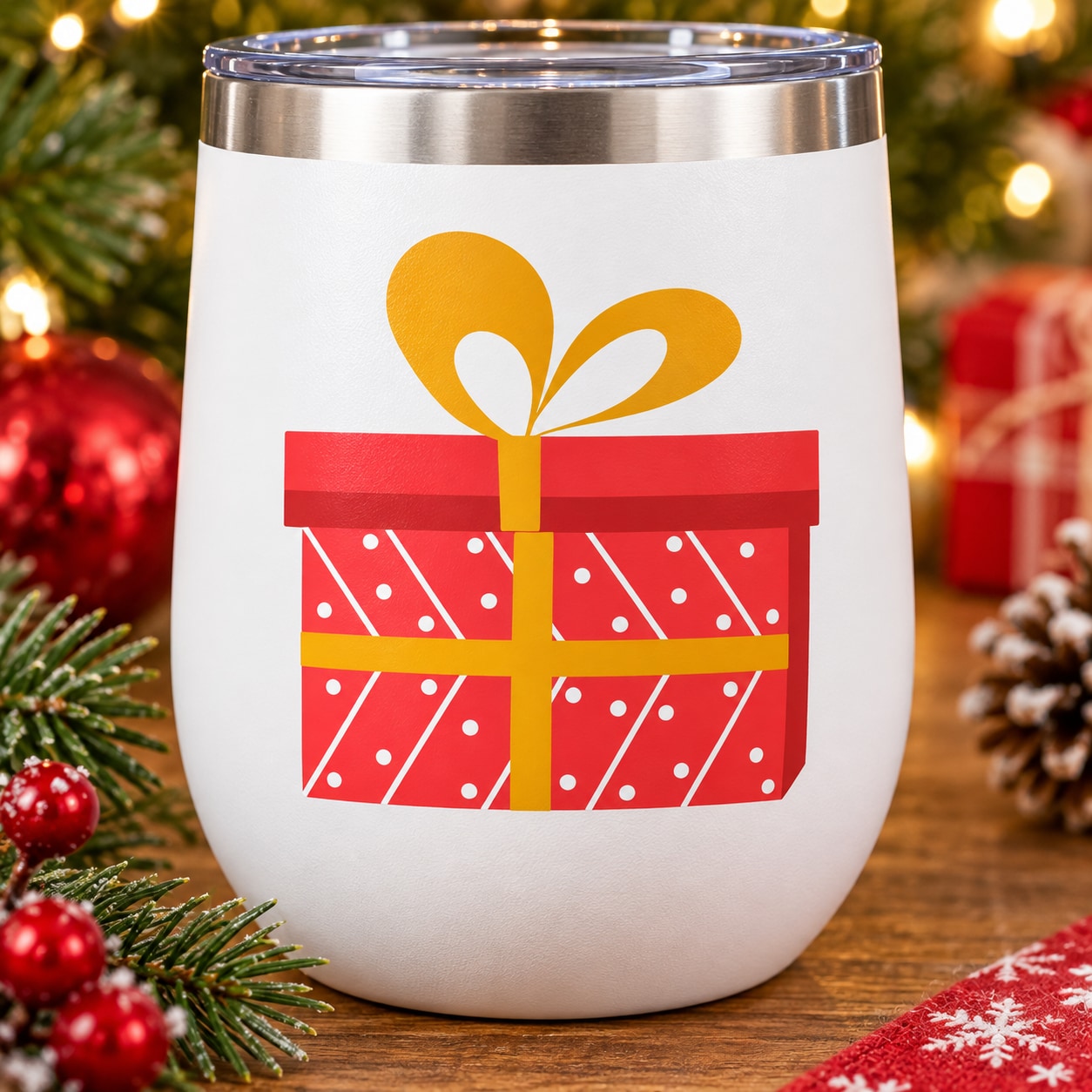 Christmas present sticker on white tumbler: red dotted gift box with yellow bow