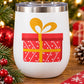 Christmas present sticker on white tumbler: red dotted gift box with yellow bow