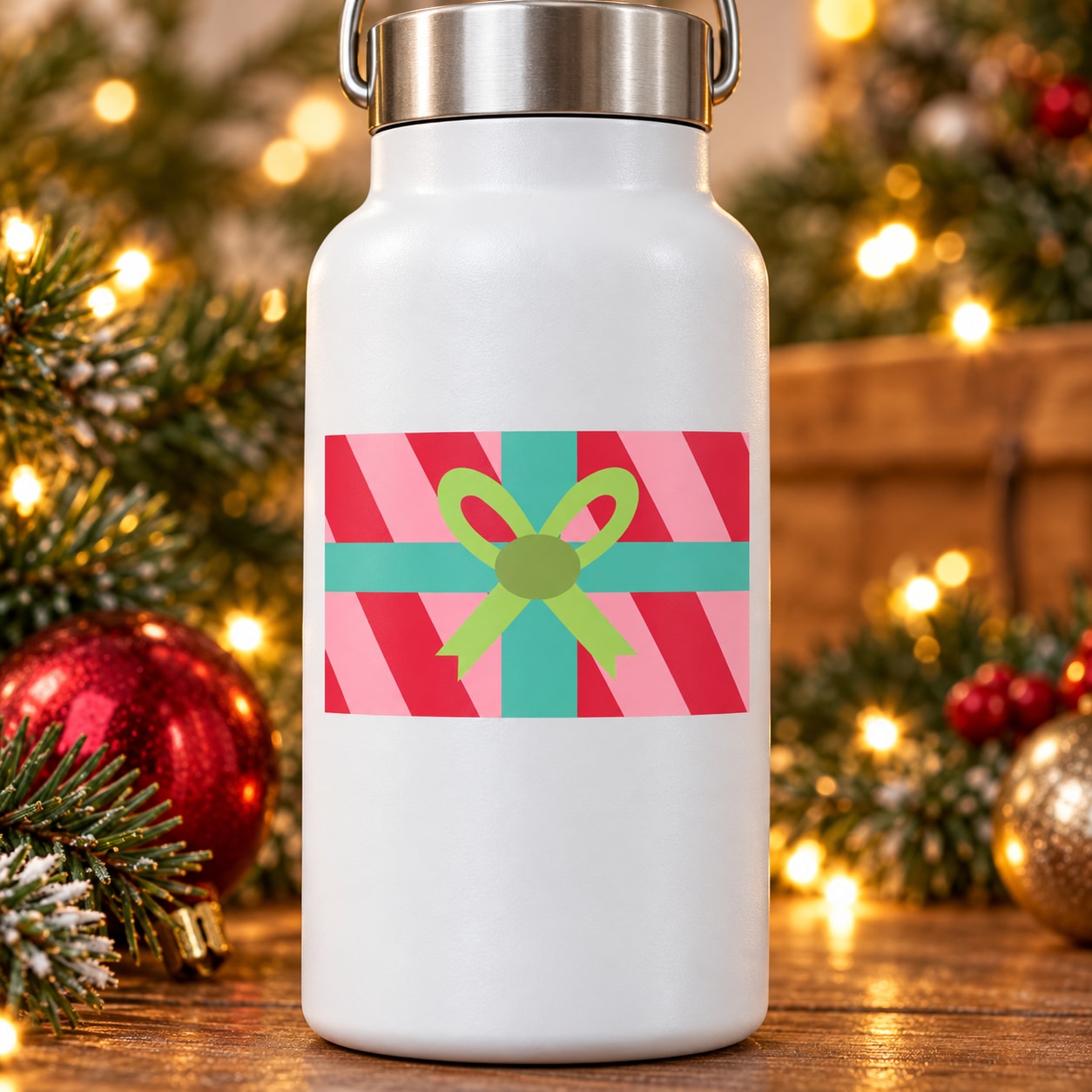 Gift box striped sticker with green bow on white bottle