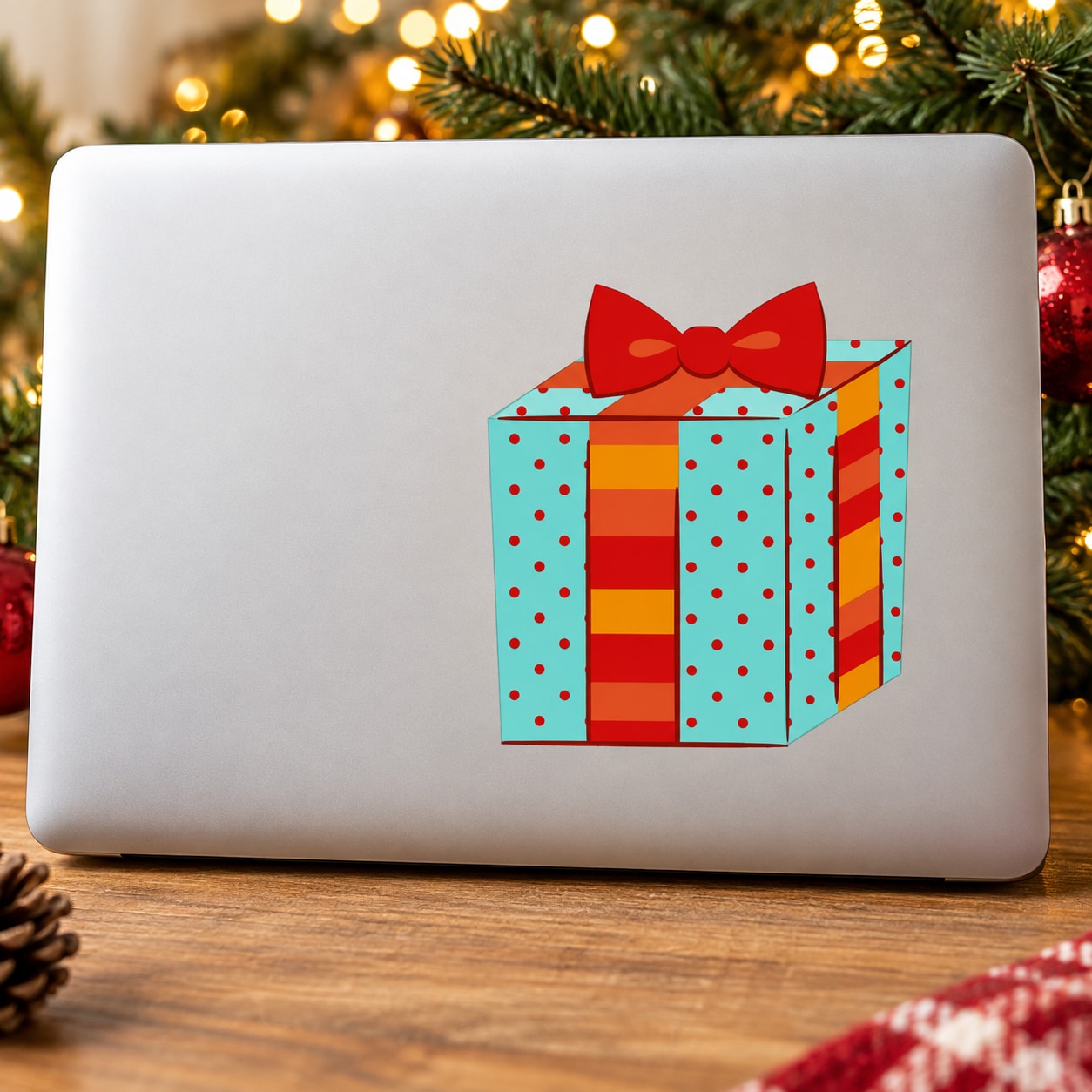Christmas dotted present sticker with polka-dot gift box and red bow