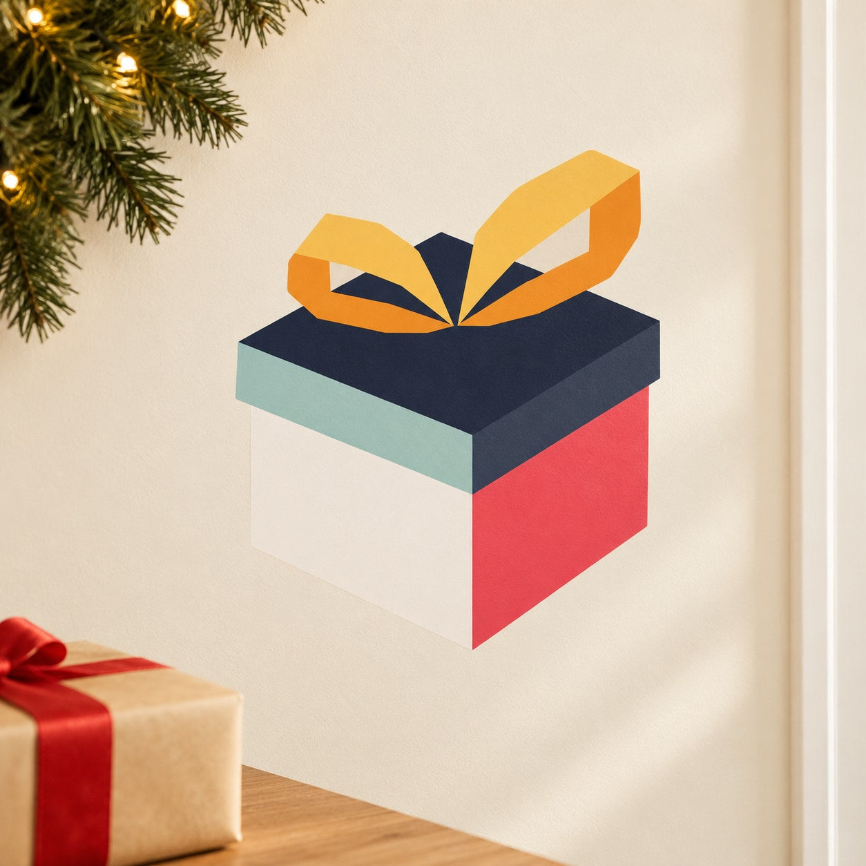 Christmas present sticker, navy gift box with orange bow and red mint geometric panels