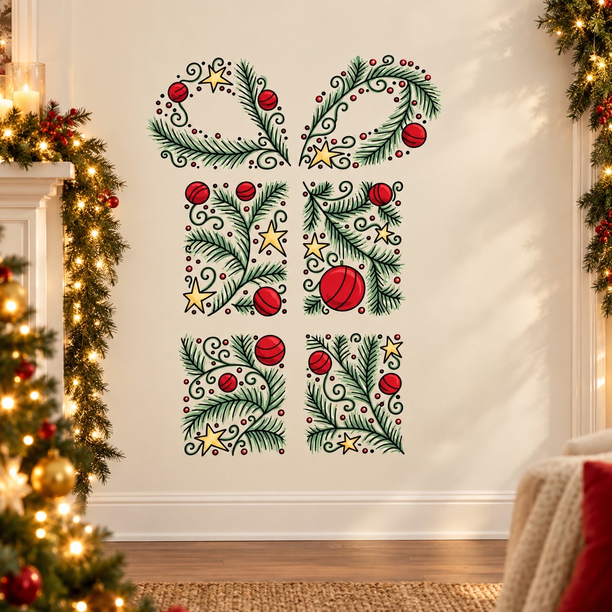 Christmas tree collage sticker with red ornaments, green leaves and golden stars