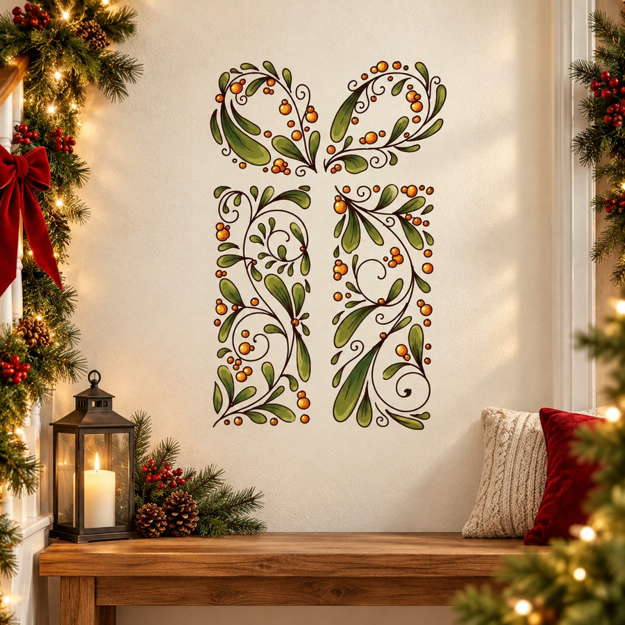 Christmas gift sticker, ornate floral butterfly design with gold and orange accents