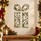 Christmas gift sticker, ornate floral butterfly design with gold and orange accents