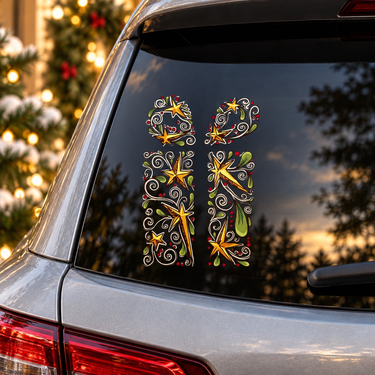 Christmas star collage sticker with colorful swirls and hanging star shapes on window