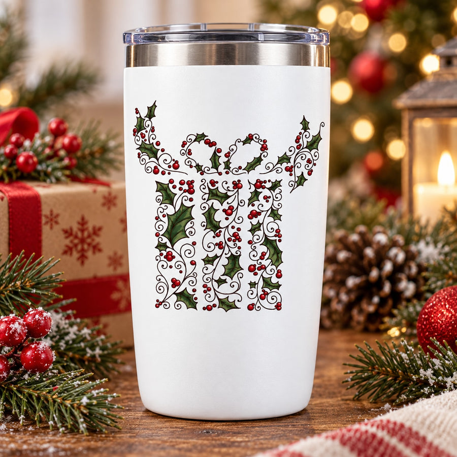 Christmas mistletoe collage decal on white insulated tumbler with silver lid