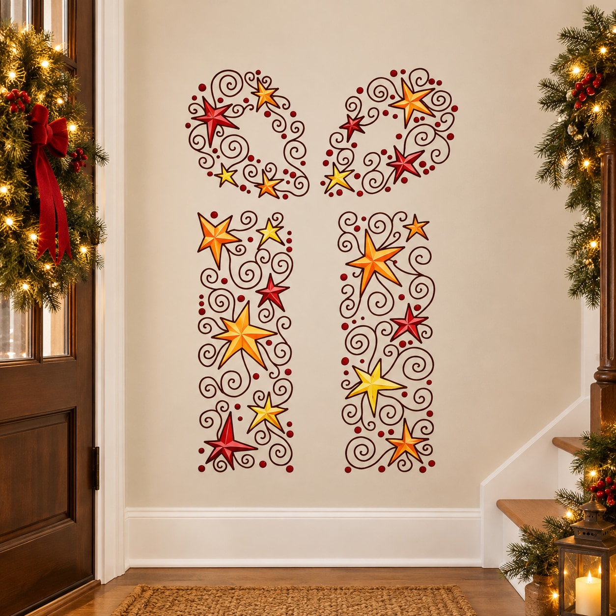 Christmas swirl star window stickers with red, yellow, and gold star swirls (4 vertical decals)