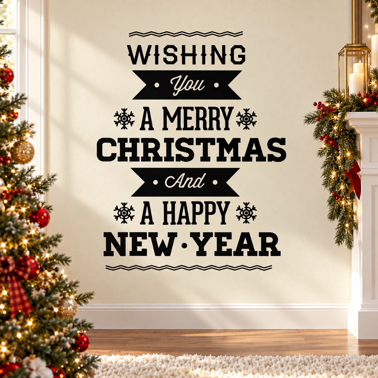 Christmas New Year wall quote decal with snowflakes: Wishing You a Merry Christmas and Happy New Year
