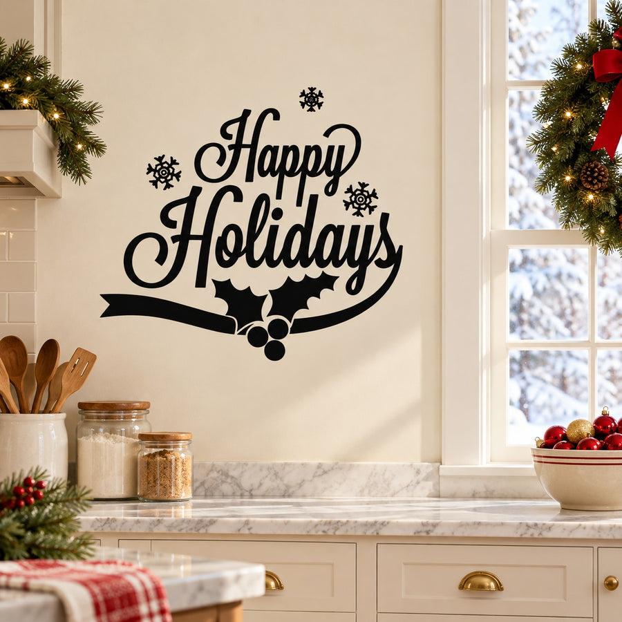 Black "Happy Holidays" wall decal with holly and snowflake accents