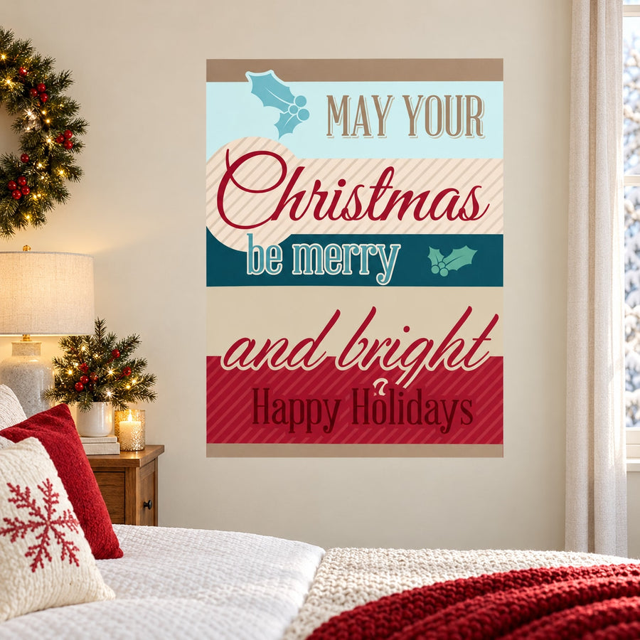 Merry Christmas quote sticker with blue and red lettering, holly berry accents, and “Happy Holidays”