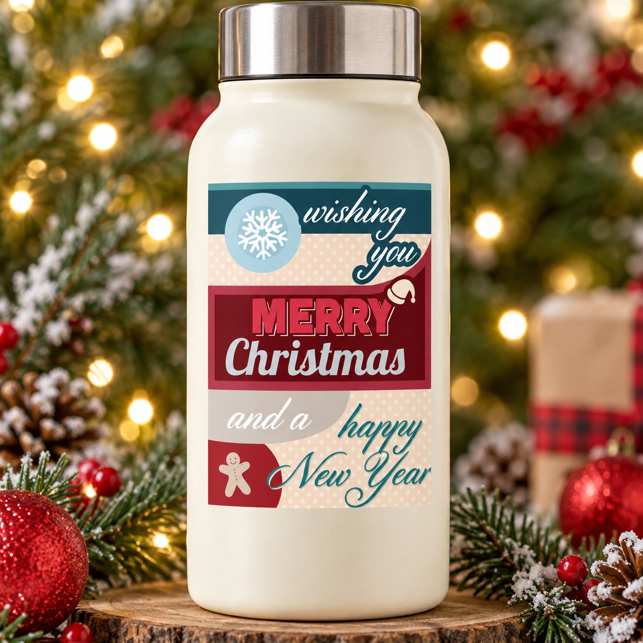 Christmas quote decal on cream bottle: Merry Christmas and a happy New Year