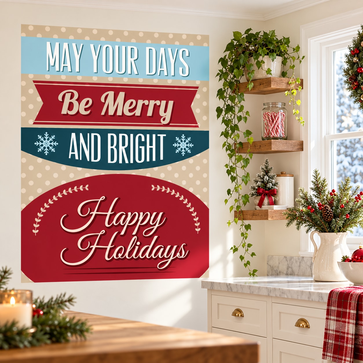 Holiday quote sticker: 'May Your Days Be Merry and Bright' + 'Happy Holidays'.