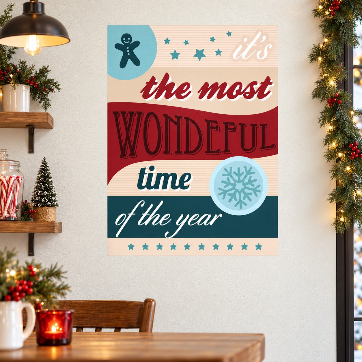 Holiday quote wall sticker with red cursive text, stars, and gingerbread icon.