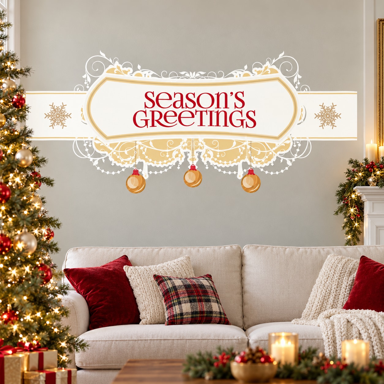 Season’s Greetings printed decal banner with ornate white border and hanging ornaments