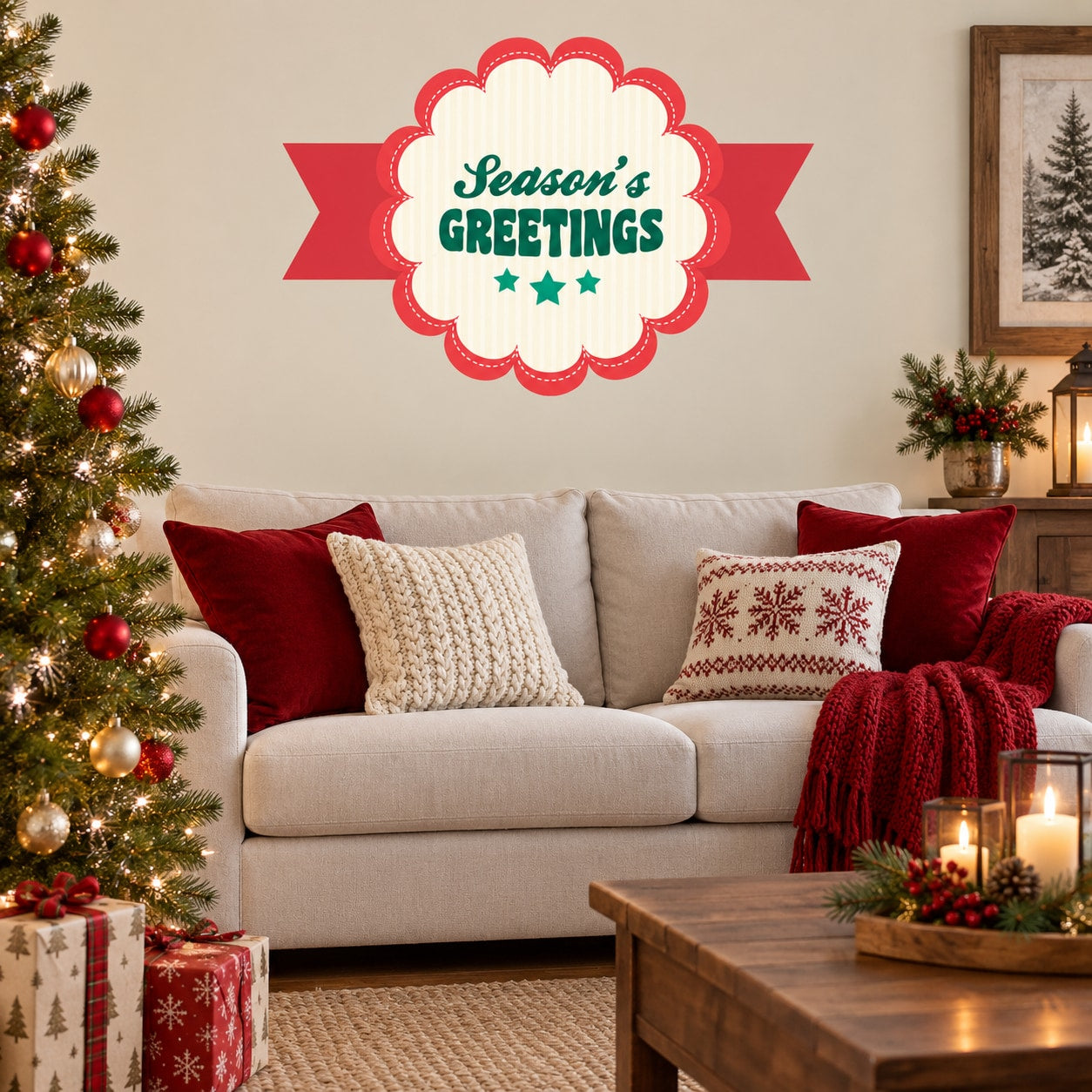 Season's Greetings badge sticker with red ribbon and scalloped edge, green lettering