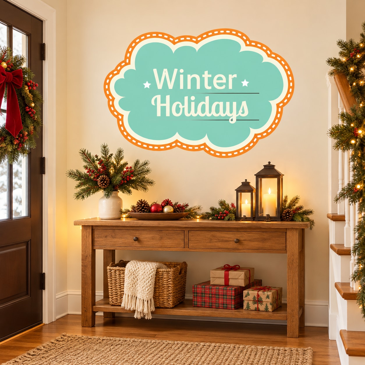 Mint cloud-shaped Winter Holidays sticker with dotted border and star accents