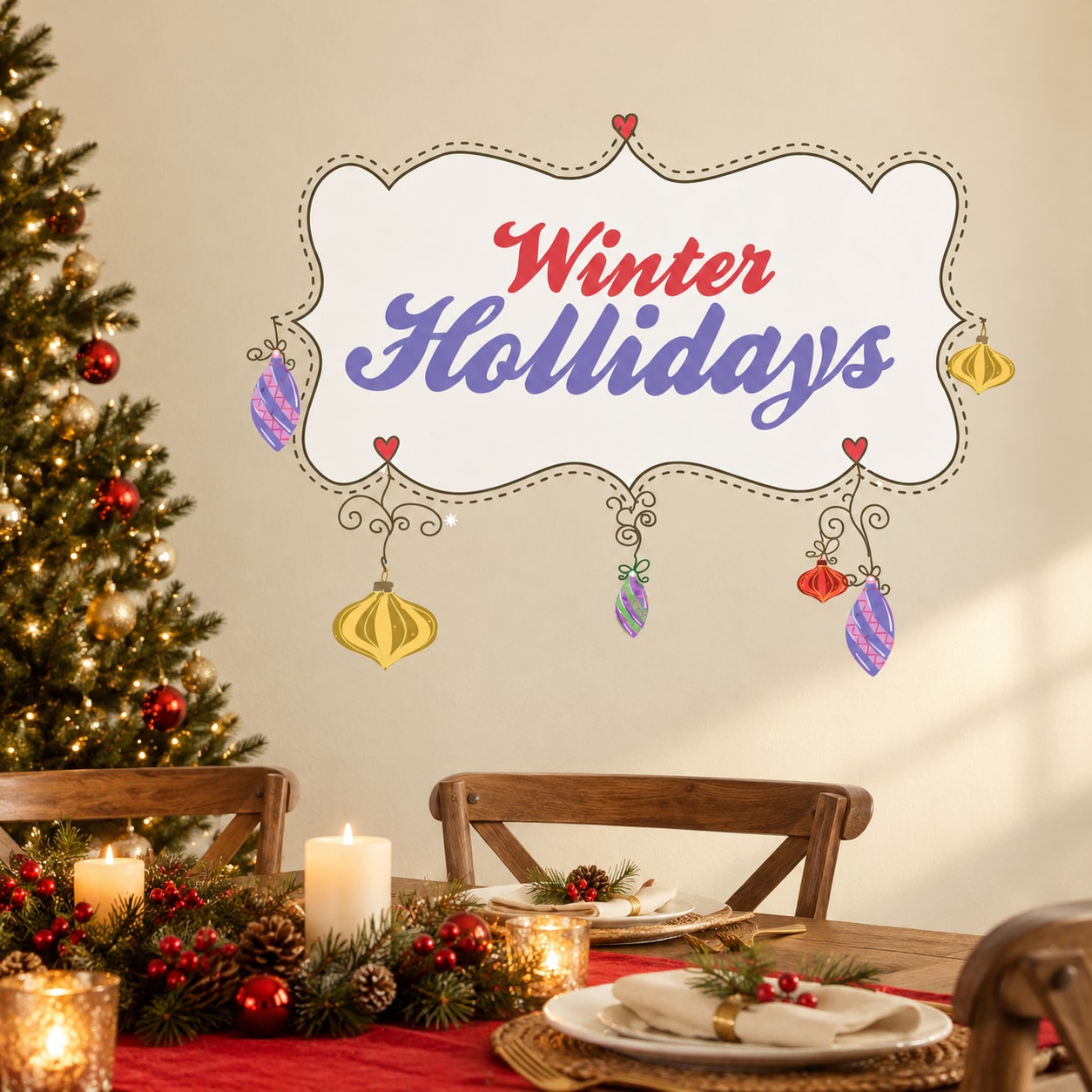 Winter Holidays decorative sticker with purple script text and hanging ornament icons, white border