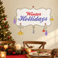 Winter Holidays decorative sticker with purple script text and hanging ornament icons, white border