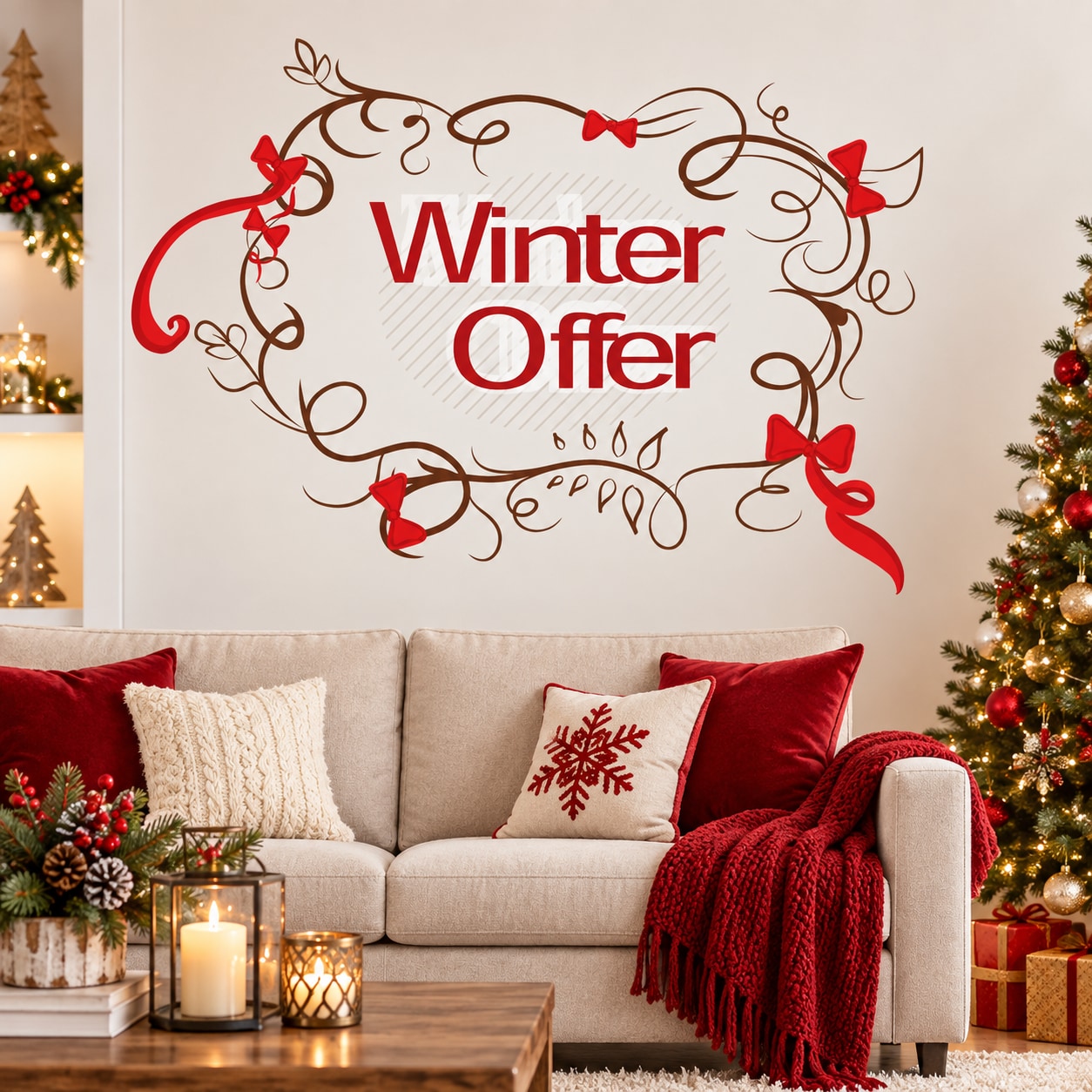 Winter Offer holiday sticker with red bow heart design and swirling script.