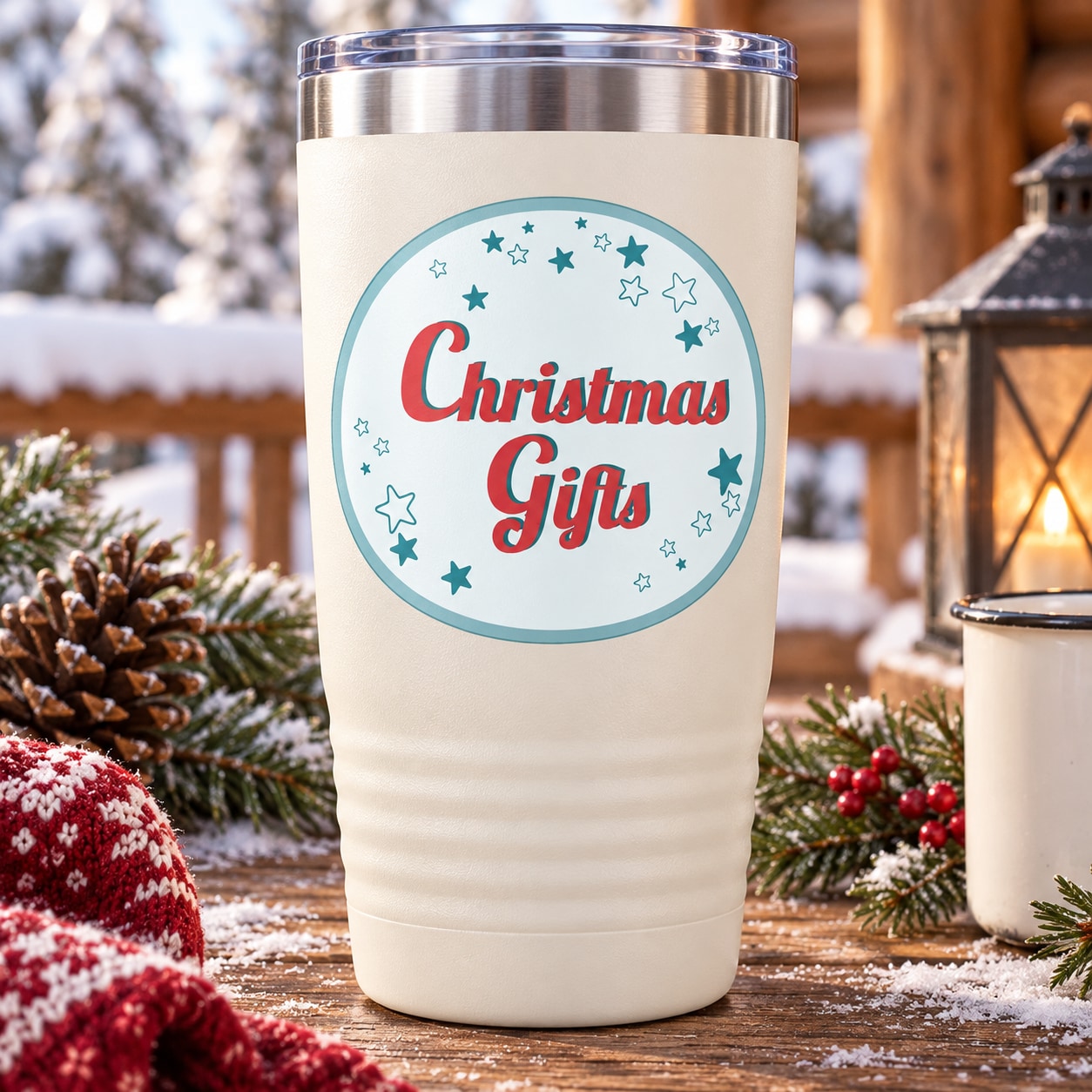 Christmas Gifts sticker on cream travel tumbler with metallic lid