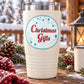 Christmas Gifts sticker on cream travel tumbler with metallic lid