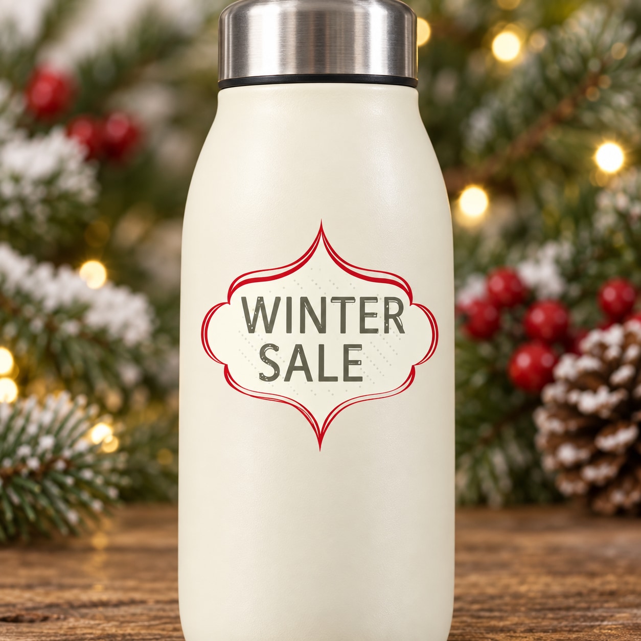 Winter Sale label sticker with red ornamental frame and text “WINTER SALE”