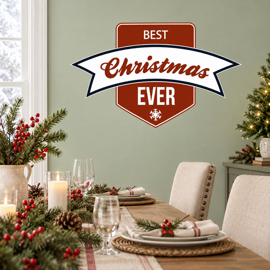 Christmas ribbon badge sticker with 'BEST' and 'EVER' text